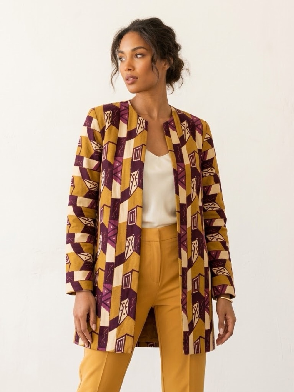 Y2K Vintage Women’s Bogolan de Woodin African Print Mud Cloth Open Duster Jacket